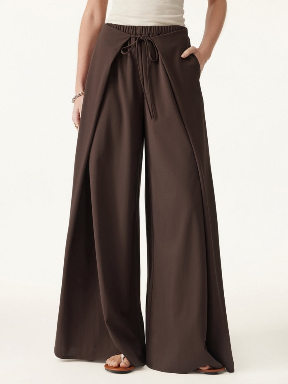 OGL Bamboo Ponte Wrap-tie Palazzo Pants with Pockets in Walnut, Large Petite NWT